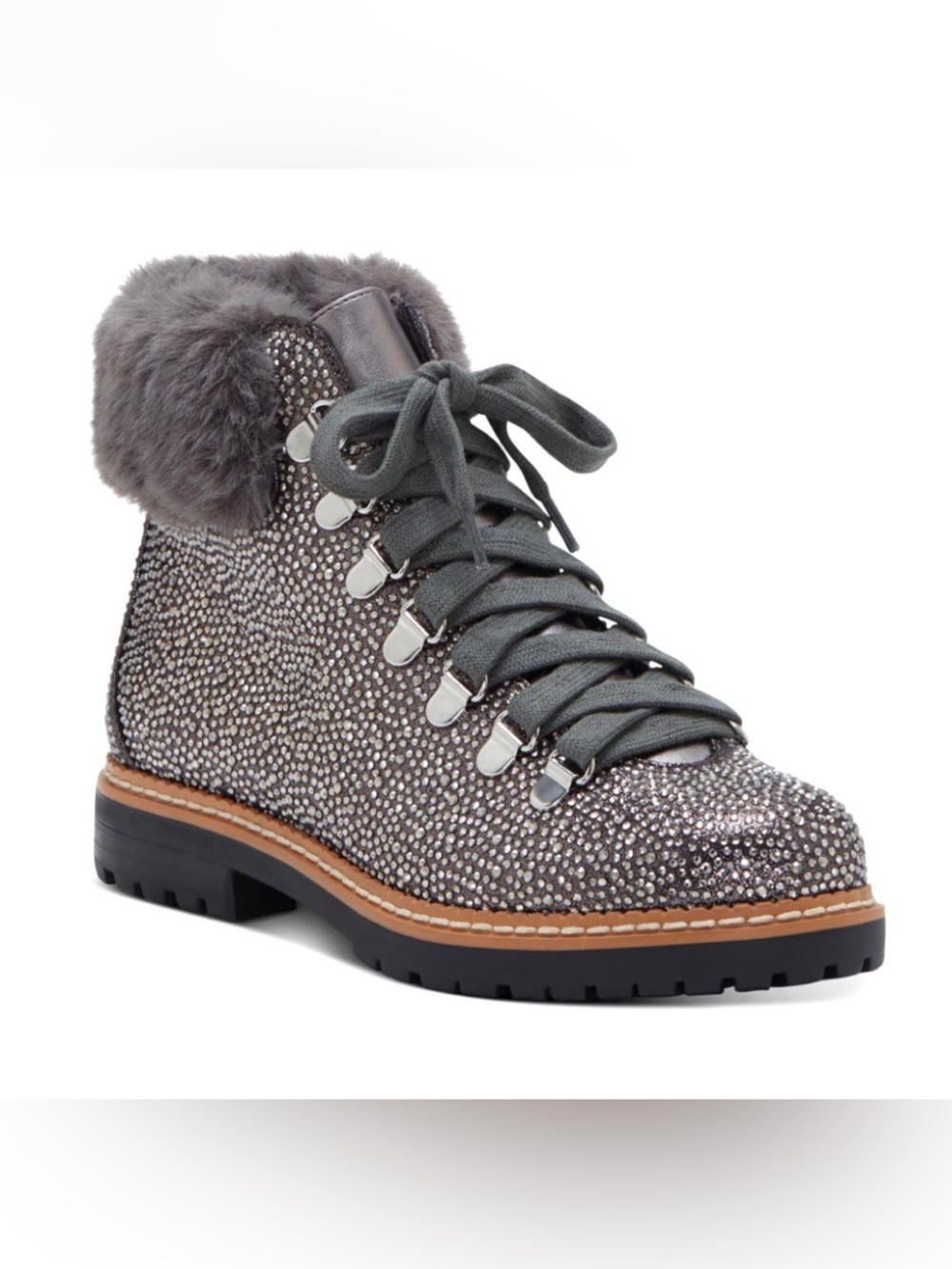 INC Women’s Pravale 3 Embellished Pewter Metallic Lace Up Boots w/Fur- size 6.5